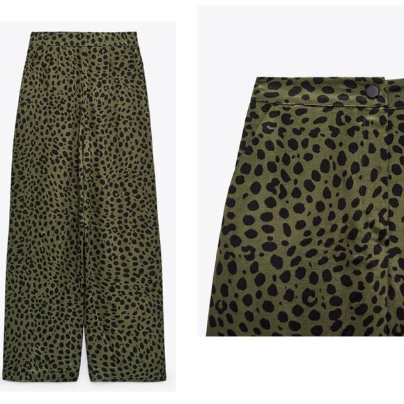 Zara khaki green black satin fluid leopard animal print pyjama pants Sz M NWT - Picture 3 of 13